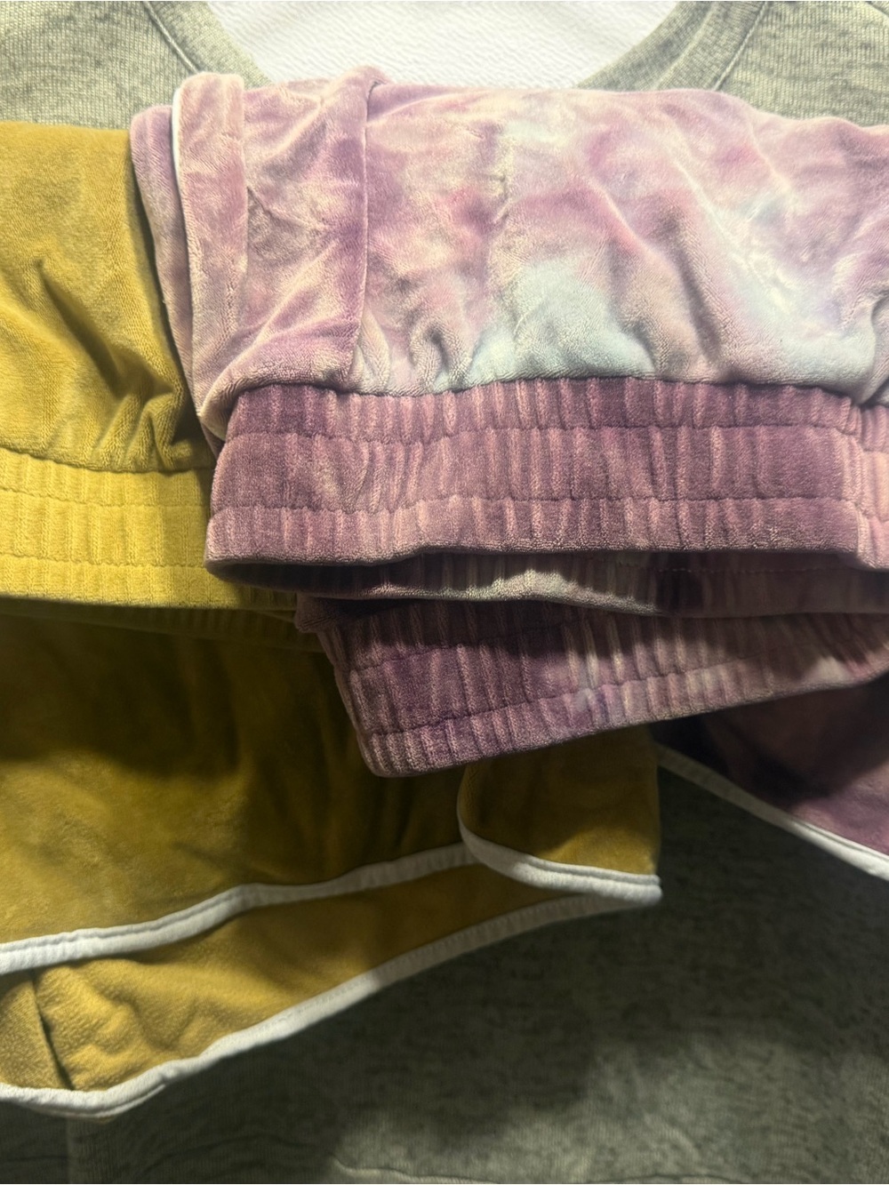 Womens Velvet Lounge Shorts in Mustard and Mauve Tie-Dye